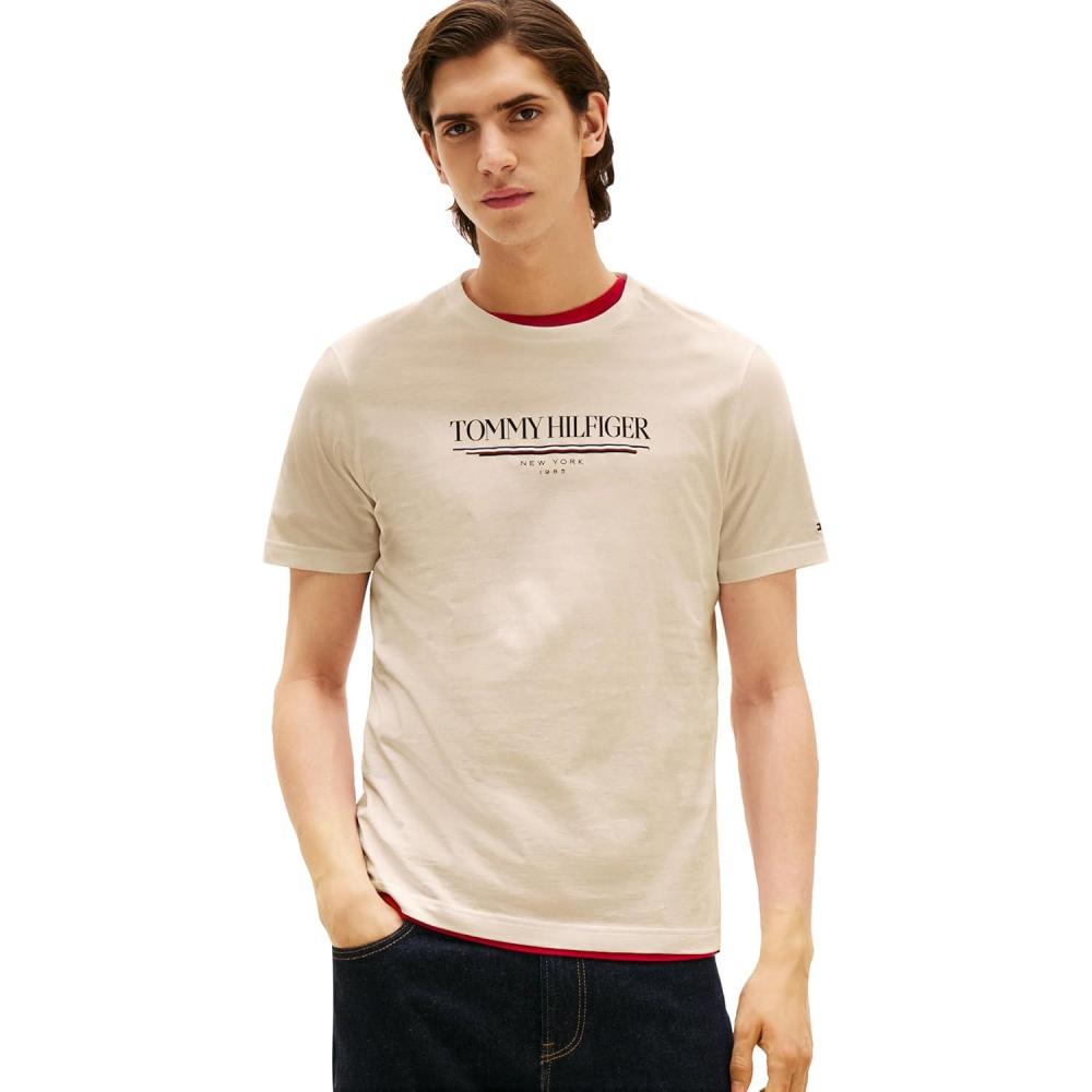 imageTommy Hilfiger Mens Short Sleeve Cotton Graphic TShirts with Printed LogoNewsprint