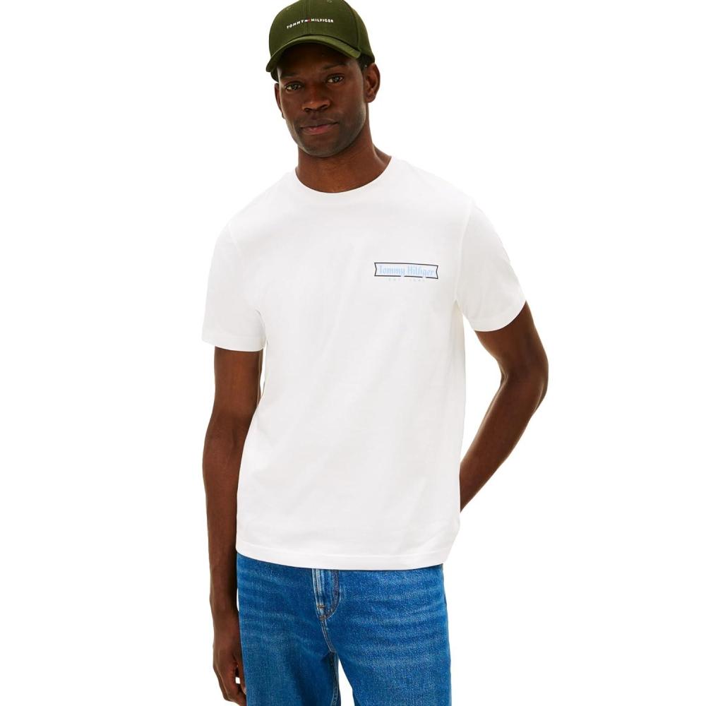 imageTommy Hilfiger Mens Short Sleeve Cotton Graphic TShirts with Printed Photo Back GraphicEcru