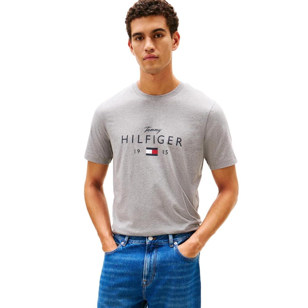 imageTommy Hilfiger Mens Short Sleeve Cotton Graphic TShirts with Printed Script and Flag LogoMedium Grey Heather