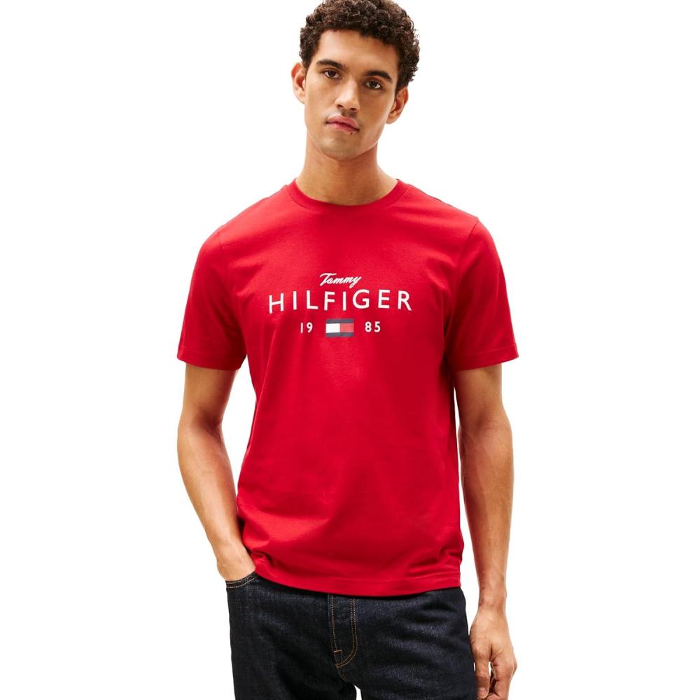 imageTommy Hilfiger Mens Short Sleeve Cotton Graphic TShirts with Printed Script and Flag LogoMedium Red