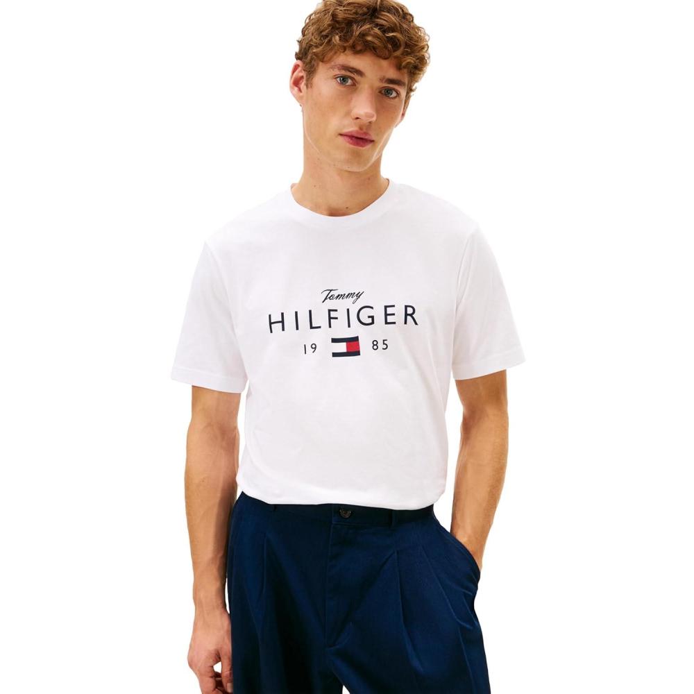 imageTommy Hilfiger Mens Short Sleeve Cotton Graphic TShirts with Printed Script and Flag LogoWhite