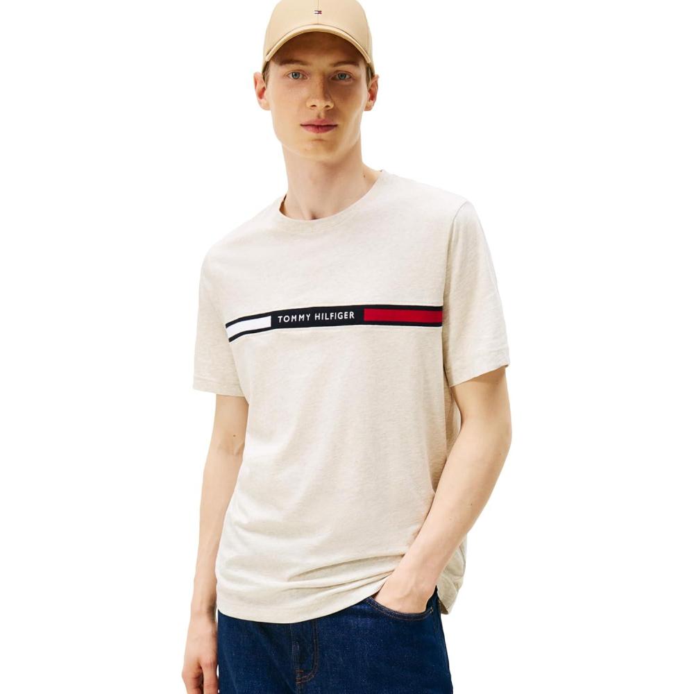 imageTommy Hilfiger Mens Short Sleeve Cotton Graphic TShirts with Signature Stripe Logo Also Available in Big ampamp TallHeathered Oatmilk