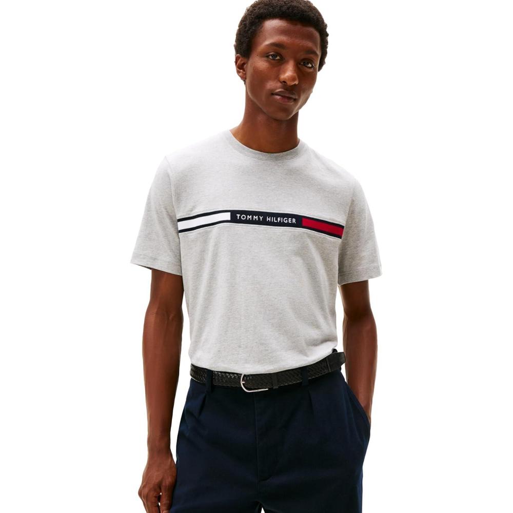 imageTommy Hilfiger Mens Short Sleeve Cotton Graphic TShirts with Signature Stripe Logo Also Available in Big ampamp TallLight Grey Heather