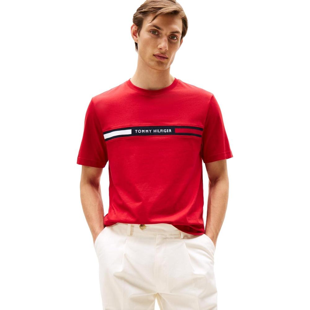 imageTommy Hilfiger Mens Short Sleeve Cotton Graphic TShirts with Signature Stripe Logo Also Available in Big ampamp TallMedium Red