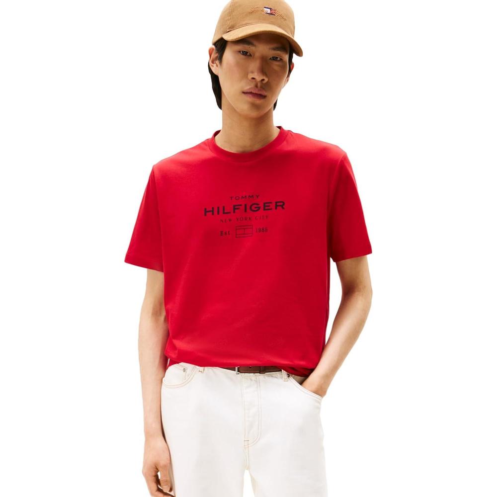 imageTommy Hilfiger Mens Short Sleeve Cotton Graphic TShirts with Stacked Logo DesignsMedium Red