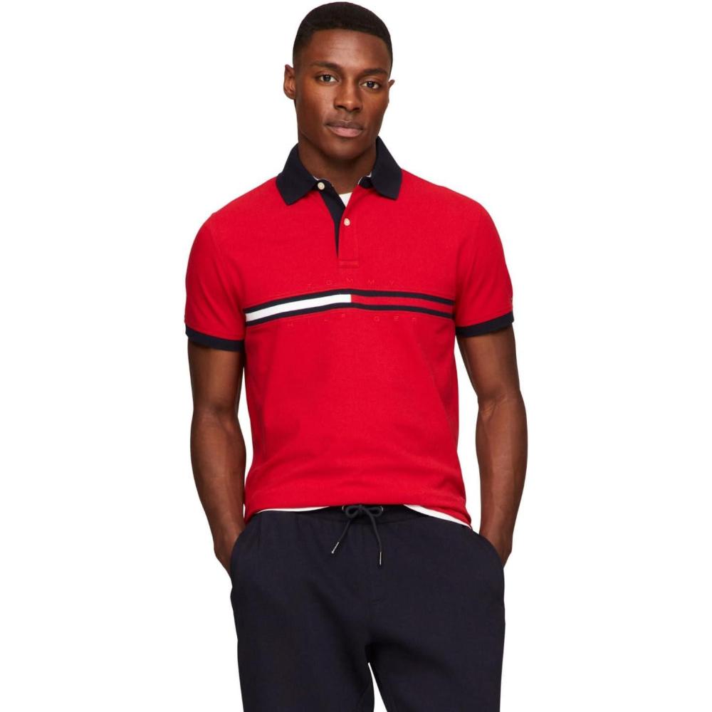 imageTommy Hilfiger Mens Short Sleeve Cotton Pique Flag Graphic Polo Shirt in Custom FitApple Red