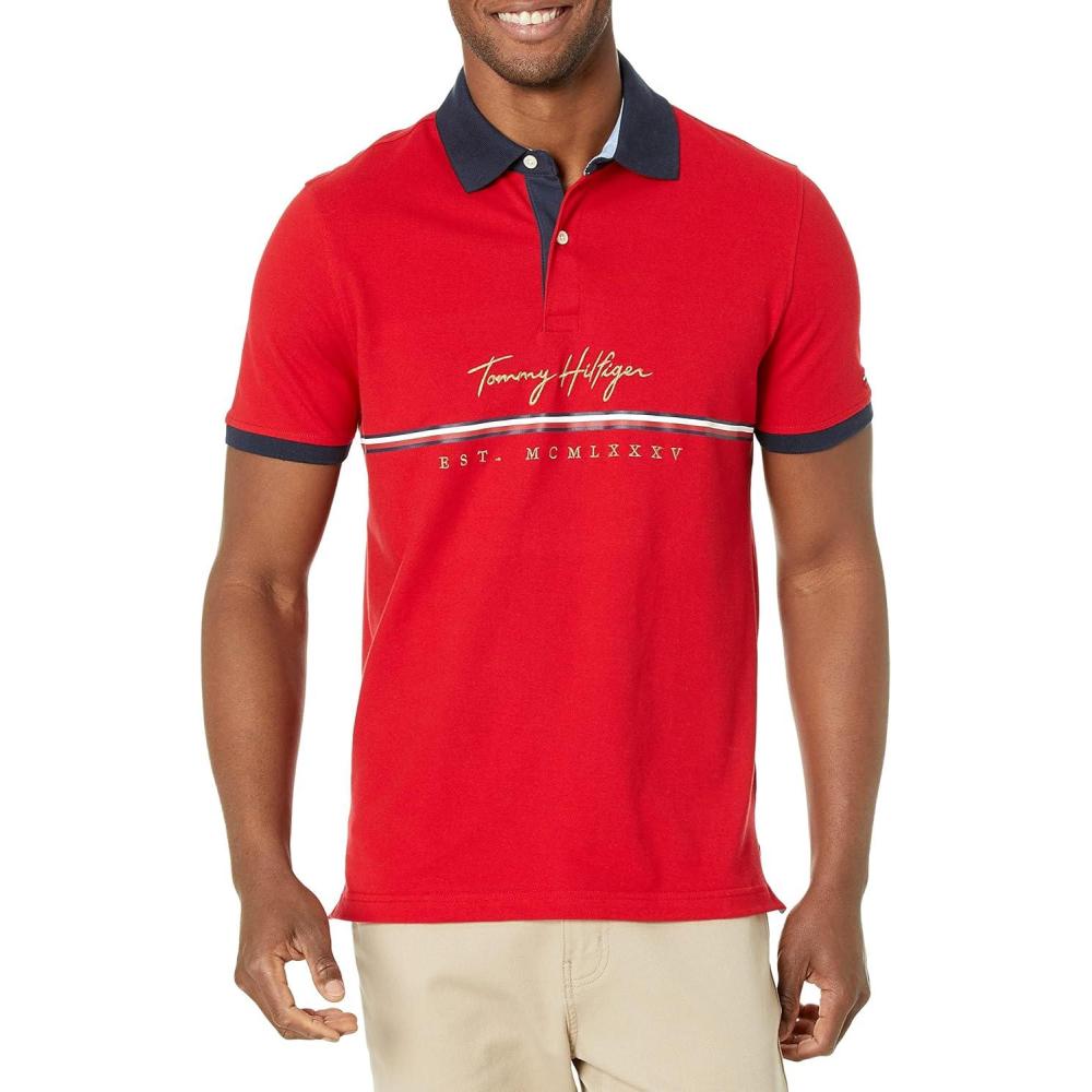 imageTommy Hilfiger Mens Short Sleeve Cotton Pique Flag Graphic Polo Shirt in Custom FitClassic Red