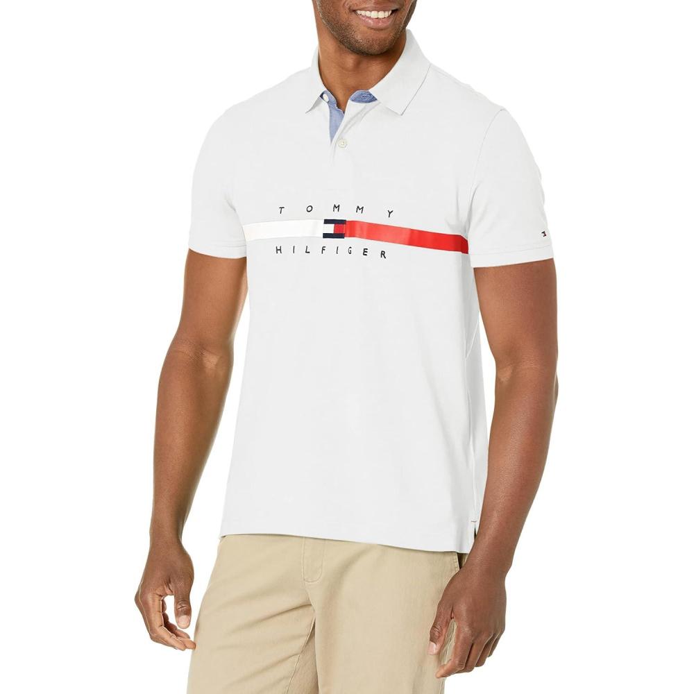 imageTommy Hilfiger Mens Short Sleeve Cotton Pique Flag Graphic Polo Shirt in Custom FitClassic White