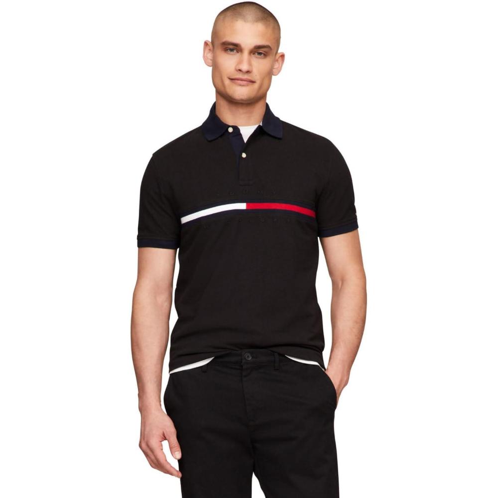 imageTommy Hilfiger Mens Short Sleeve Cotton Pique Flag Graphic Polo Shirt in Custom FitDeep Knit Black