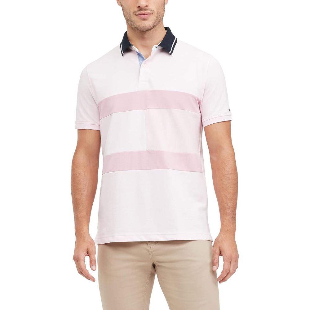 imageTommy Hilfiger Mens Short Sleeve Cotton Pique Flag Graphic Polo Shirt in Custom FitLight Pink