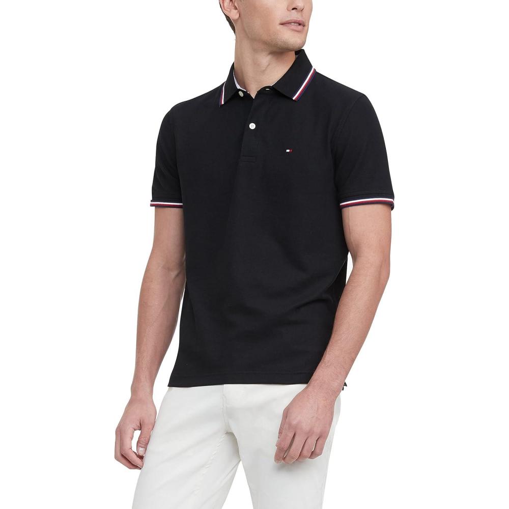 imageTommy Hilfiger Mens Short Sleeve Moisture Wicking Stretch Polo Shirt with Quick Dry UV ProtectionCs Deep Knit Black