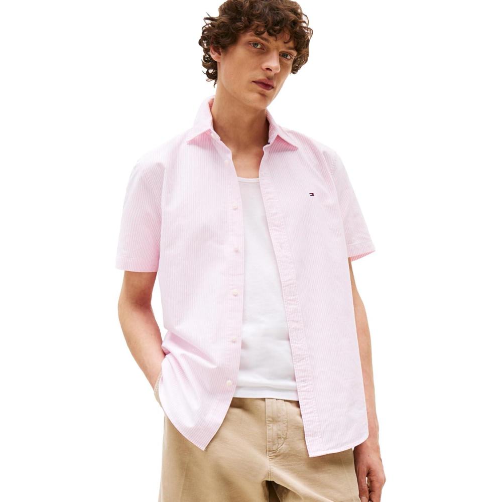 imageTommy Hilfiger Mens Short Sleeve Oxford Shirts in Regular Fit Mens Button Down ShirtsClassic Pink Optic White