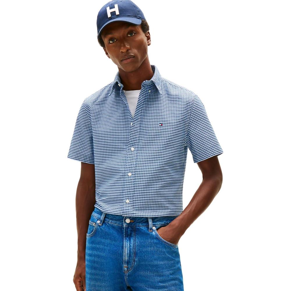 imageTommy Hilfiger Mens Short Sleeve Oxford Shirts in Regular Fit Mens Button Down ShirtsNight Sky Check