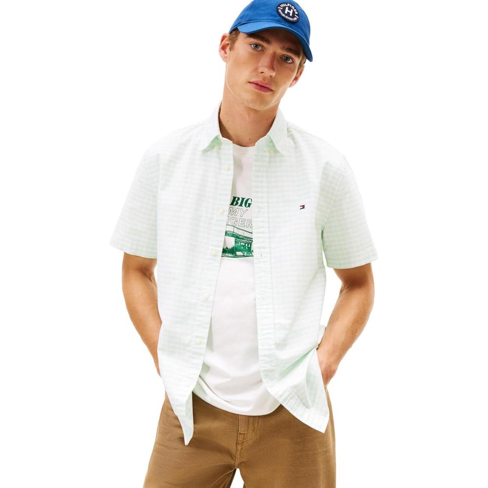 imageTommy Hilfiger Mens Short Sleeve Oxford Shirts in Regular Fit Mens Button Down ShirtsOpal Green Check