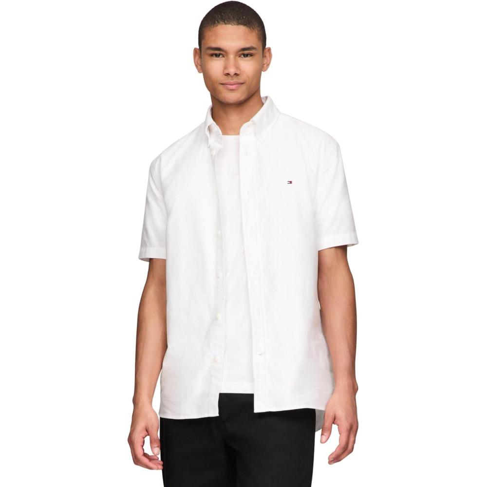 imageTommy Hilfiger Mens Short Sleeve Oxford Shirts in Regular Fit Mens Button Down ShirtsOptic White