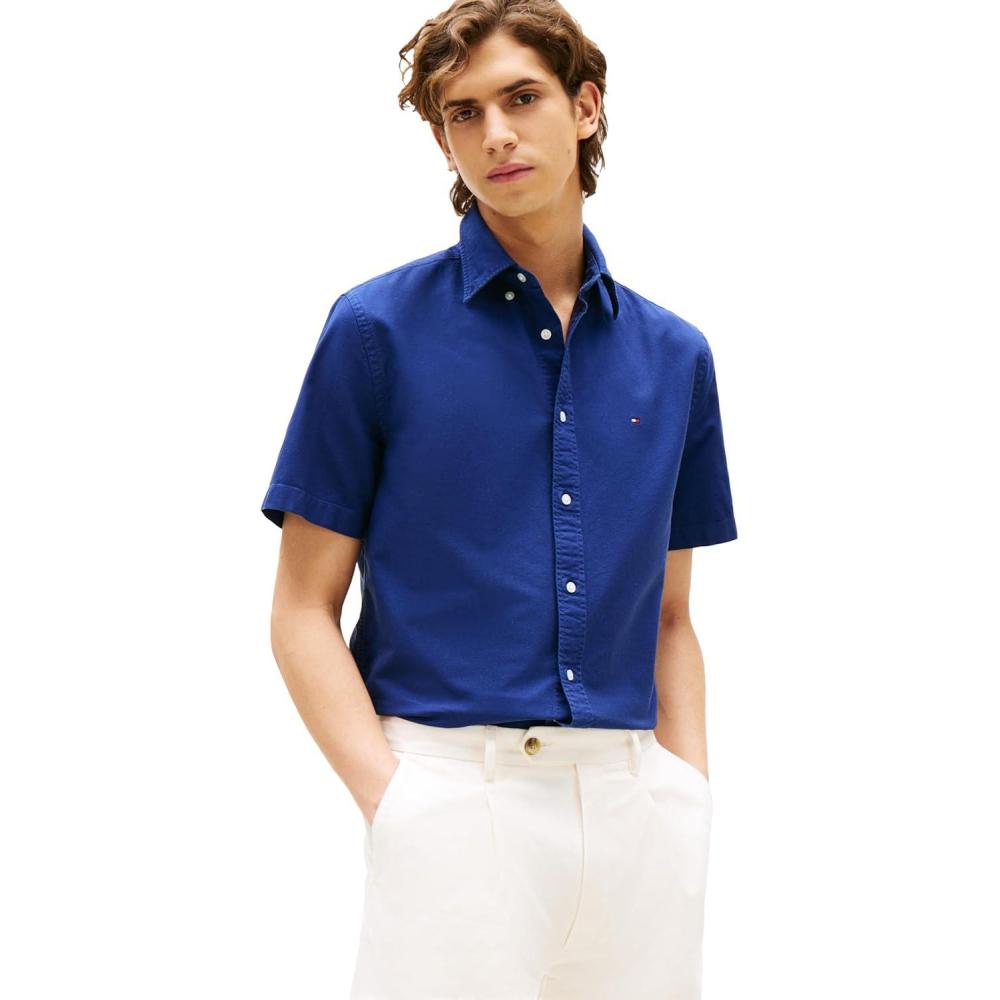 imageTommy Hilfiger Mens Short Sleeve Oxford Shirts in Regular Fit Mens Button Down ShirtsPreppy Navy
