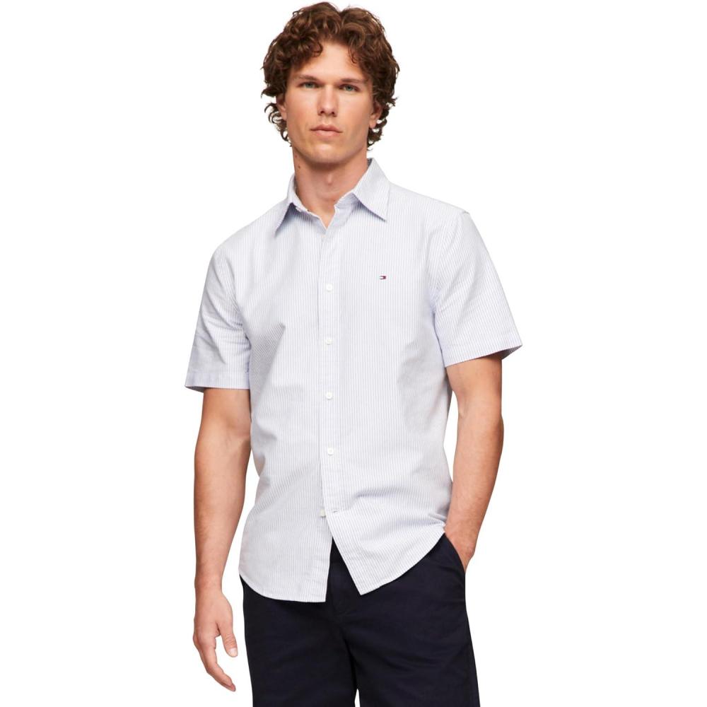 imageTommy Hilfiger Mens Short Sleeve Oxford Shirts in Regular Fit Mens Button Down ShirtsShirt Blue Optic White