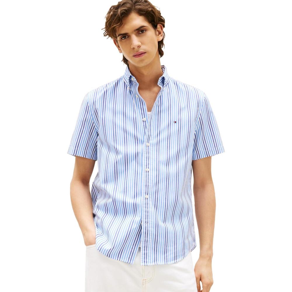imageTommy Hilfiger Mens Short Sleeve Oxford Shirts in Regular Fit Mens Button Down ShirtsWedge Blue Multi