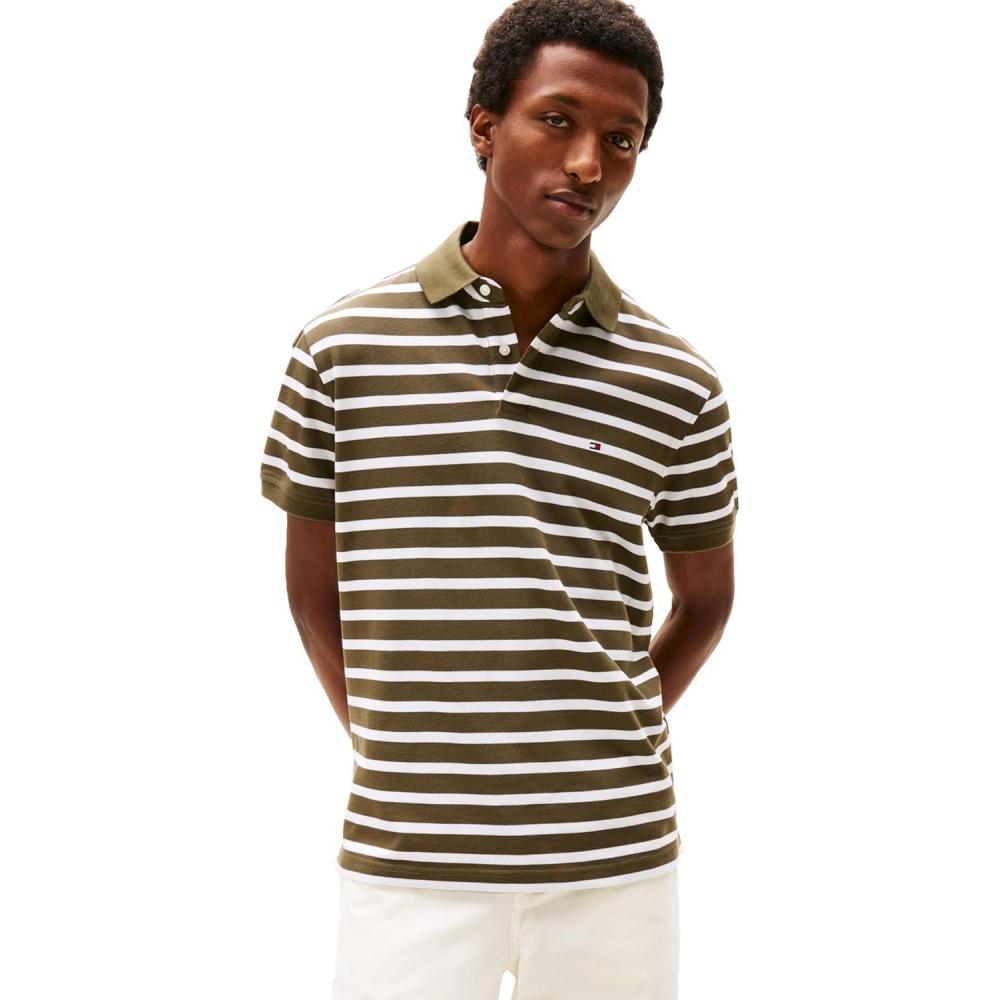 imageTommy Hilfiger Mens Short Sleeve Polo Shirts in Classic Fit with Stretch and Organic Pique CottonArmy Green White