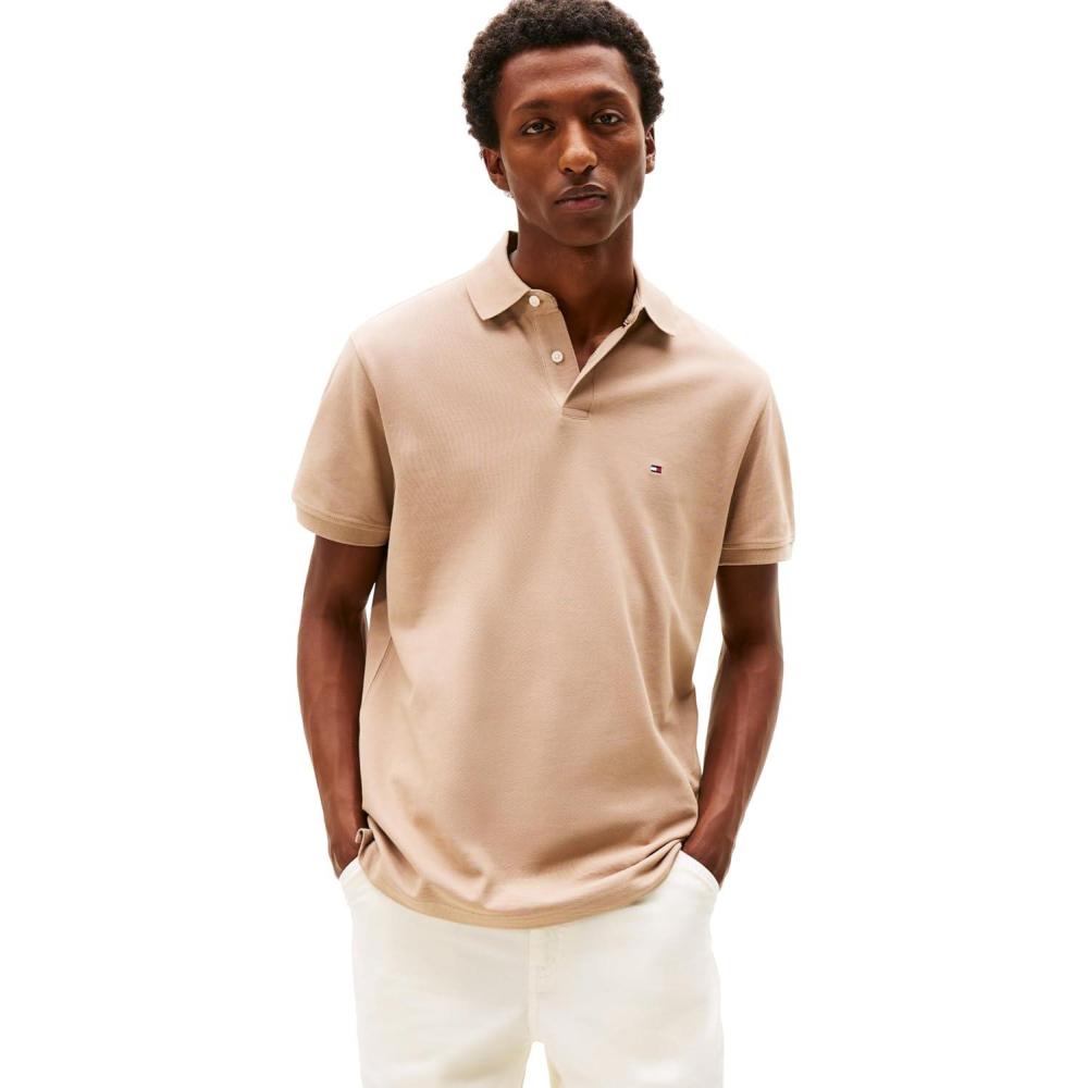 imageTommy Hilfiger Mens Short Sleeve Polo Shirts in Classic Fit with Stretch and Organic Pique CottonCoastal Taupe