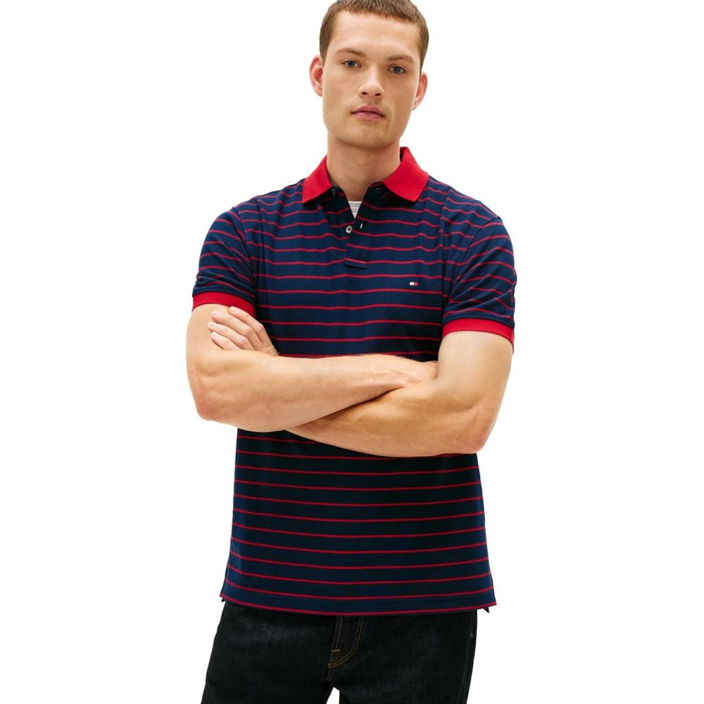 imageTommy Hilfiger Mens Short Sleeve Polo Shirts in Classic Fit with Stretch and Organic Pique CottonDark Night Navy Medium Red