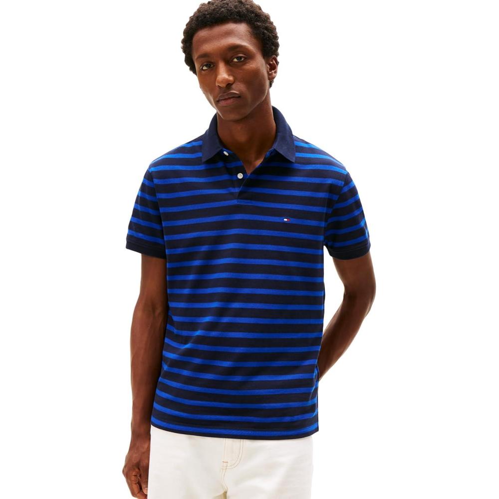 imageTommy Hilfiger Mens Short Sleeve Polo Shirts in Classic Fit with Stretch and Organic Pique CottonDesert Sky Wedge Blue