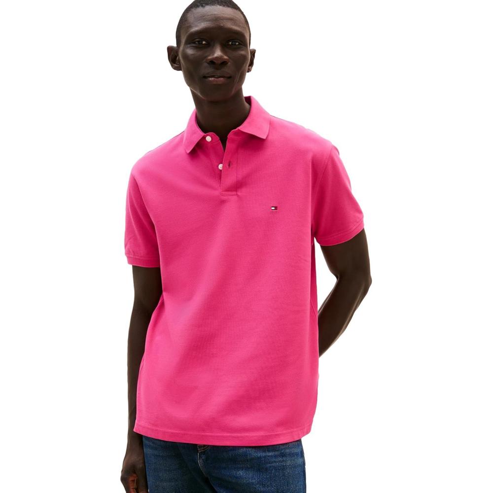 imageTommy Hilfiger Mens Short Sleeve Polo Shirts in Classic Fit with Stretch and Organic Pique CottonFashion Fuschia