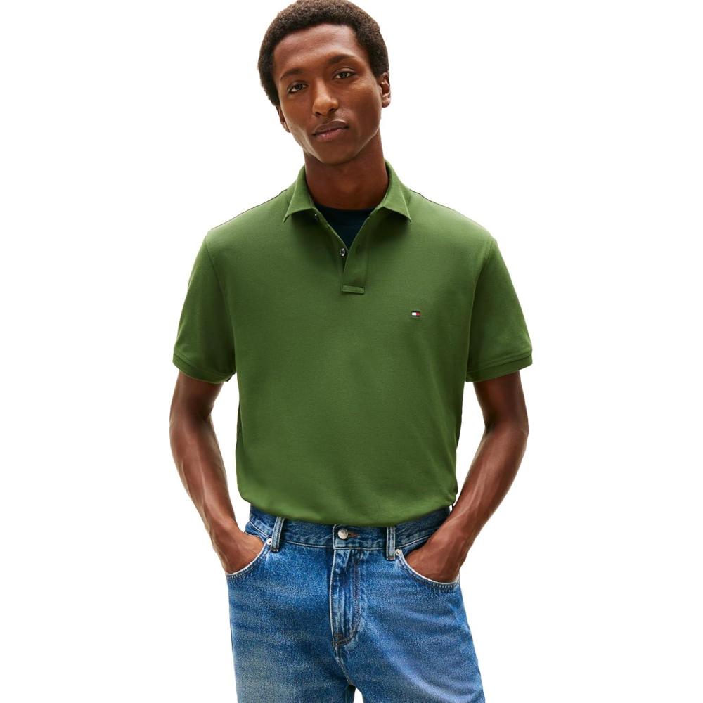 imageTommy Hilfiger Mens Short Sleeve Polo Shirts in Classic Fit with Stretch and Organic Pique CottonMountain Pine