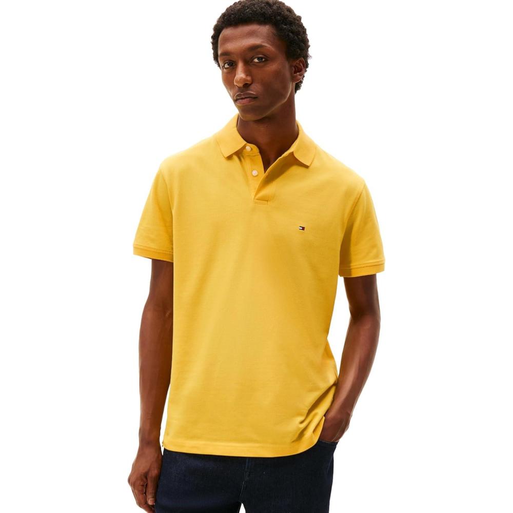 imageTommy Hilfiger Mens Short Sleeve Polo Shirts in Classic Fit with Stretch and Organic Pique CottonSoft Canary