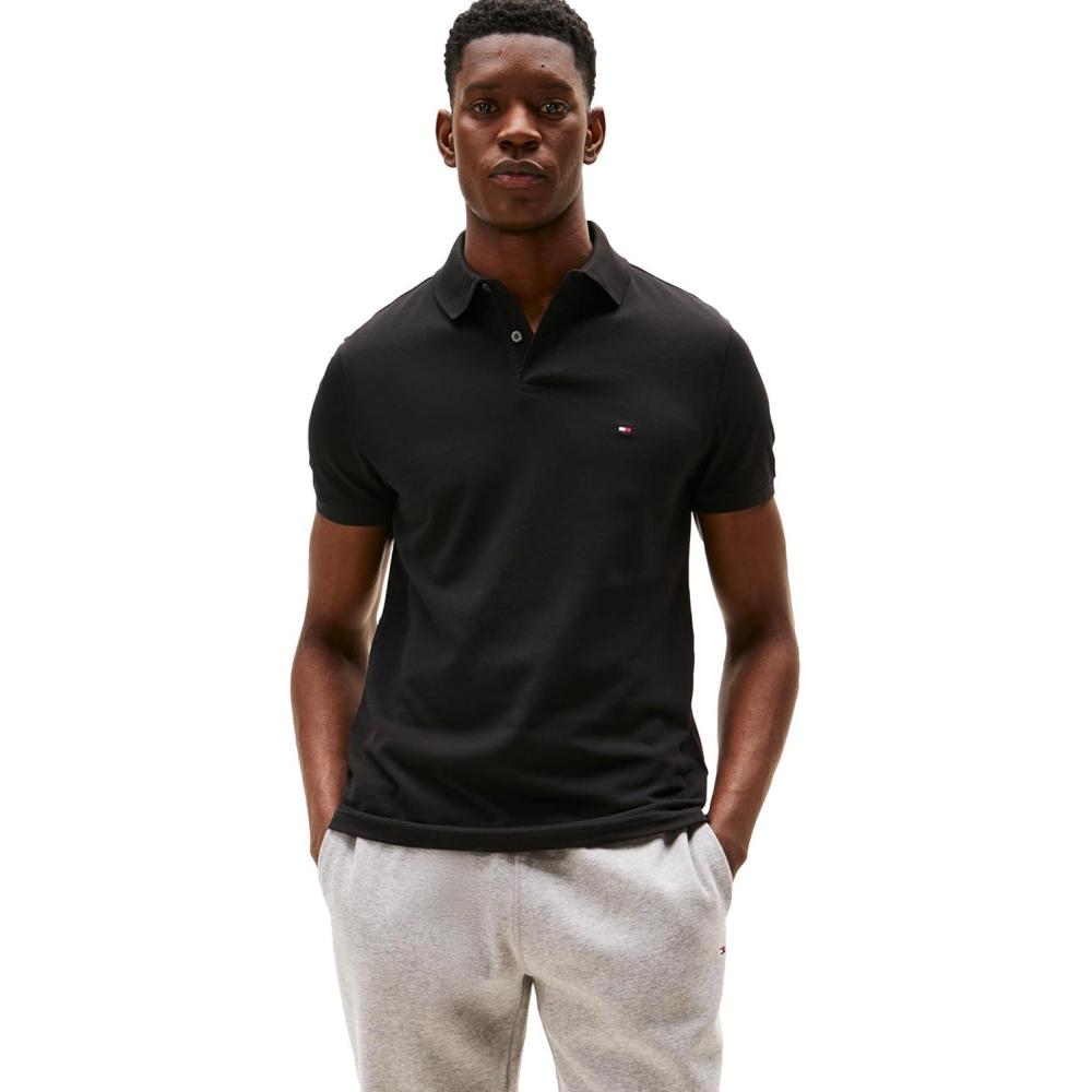 imageTommy Hilfiger Mens Short Sleeve Polo Shirts in Regular Fit with Stretch and Organic Pique CottonBlack