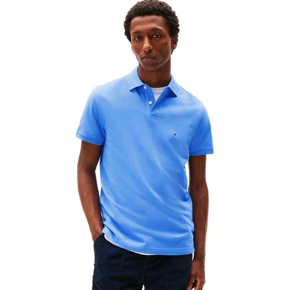 imageTommy Hilfiger Mens Short Sleeve Polo Shirts in Regular Fit with Stretch and Organic Pique CottonBlue Spell