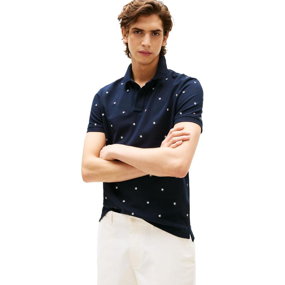 imageTommy Hilfiger Mens Short Sleeve Polo Shirts in Regular Fit with Stretch and Organic Pique CottonDesert Sky  Star Embroidered