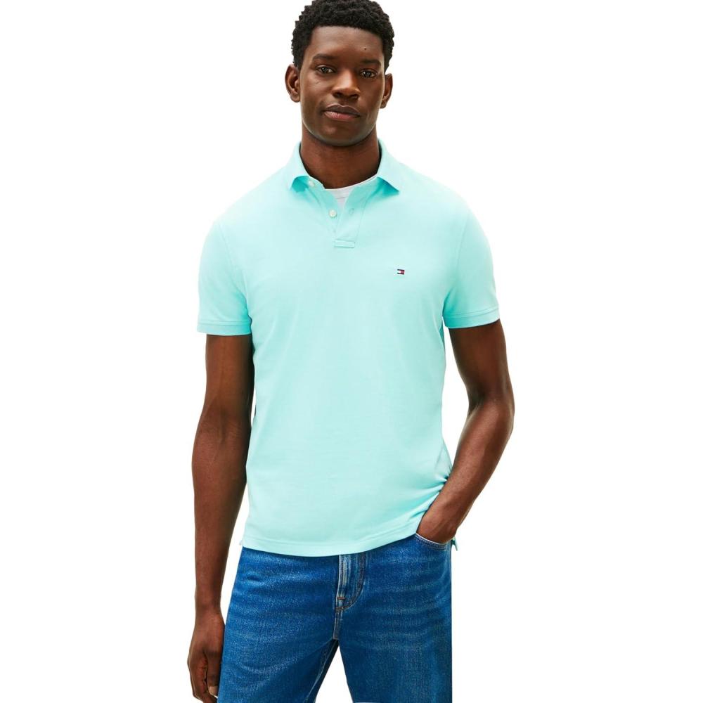 imageTommy Hilfiger Mens Short Sleeve Polo Shirts in Regular Fit with Stretch and Organic Pique CottonDewy Blue