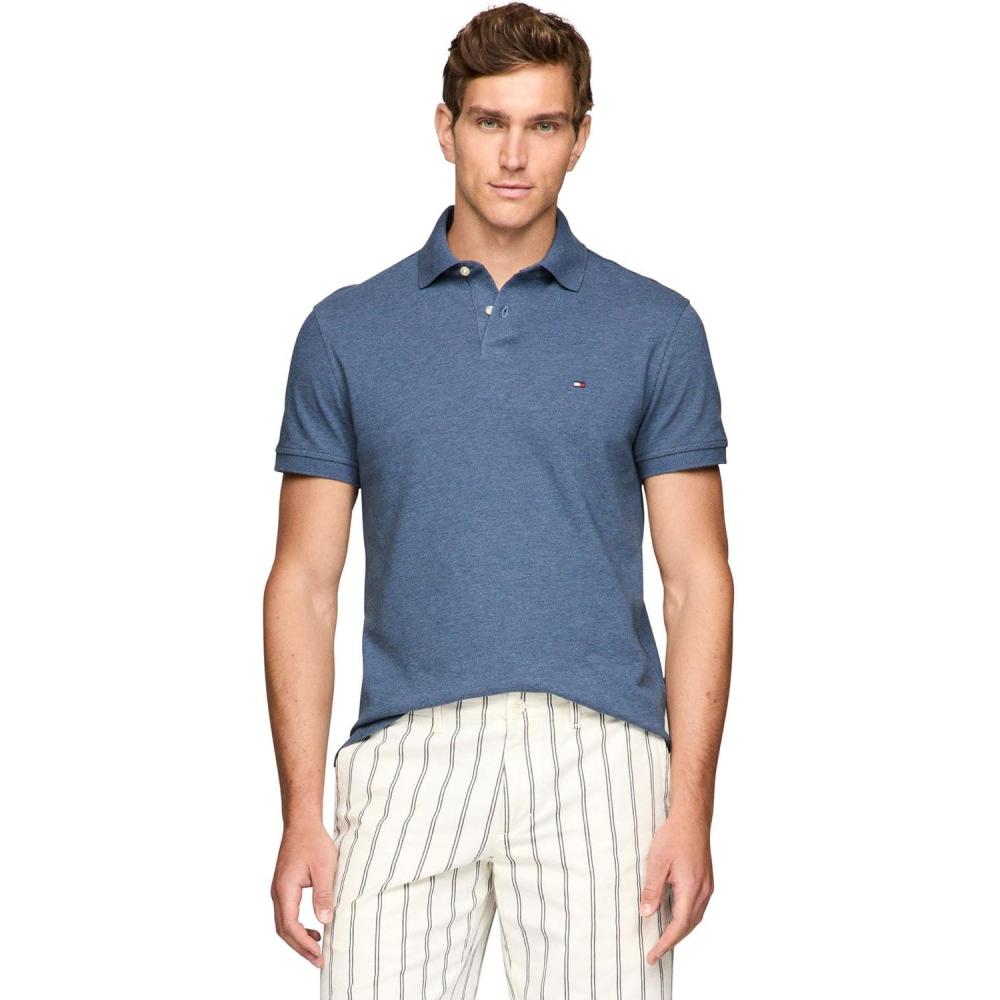 imageTommy Hilfiger Mens Short Sleeve Polo Shirts in Regular Fit with Stretch and Organic Pique CottonFaded Indigo Heather