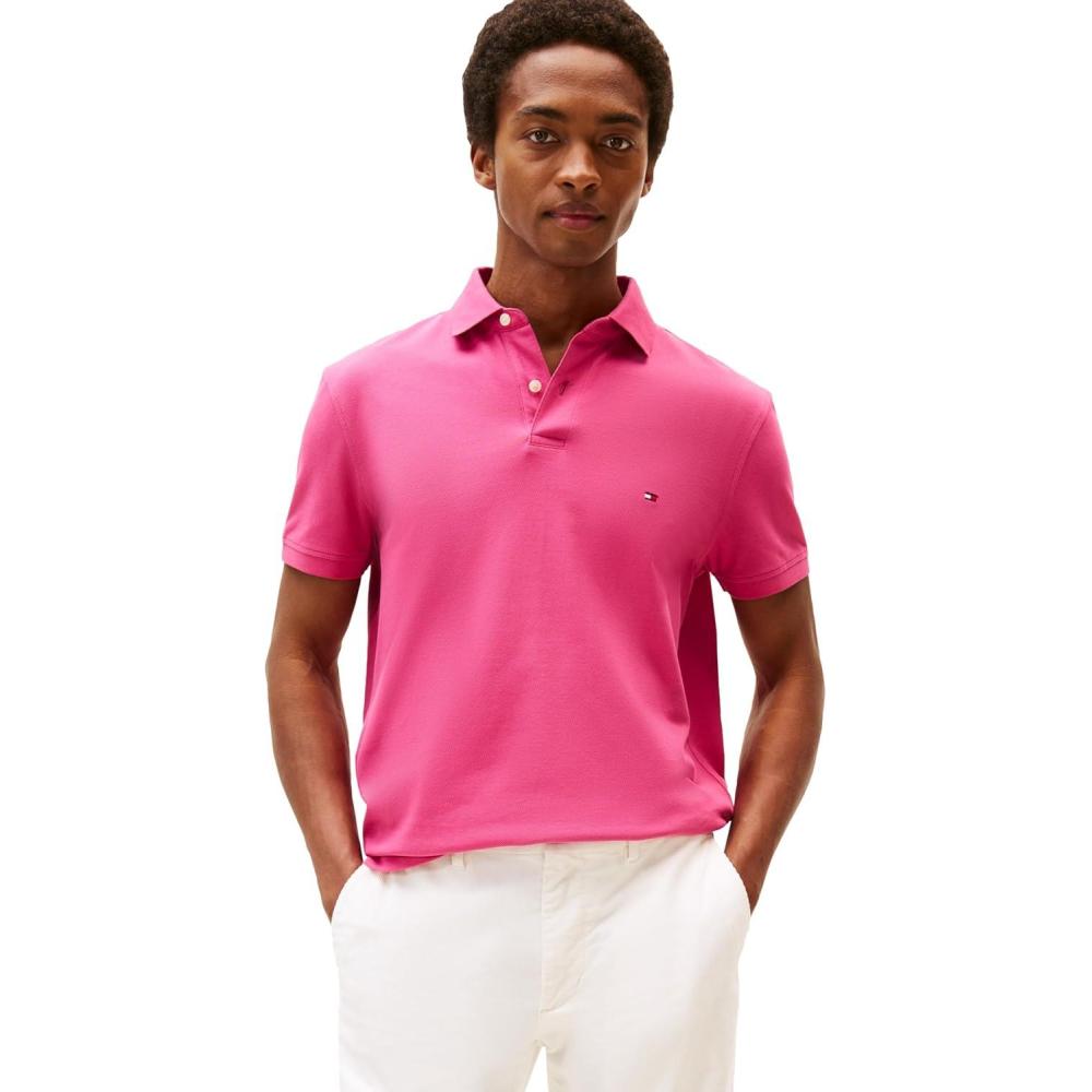 imageTommy Hilfiger Mens Short Sleeve Polo Shirts in Regular Fit with Stretch and Organic Pique CottonFashion Fuschia