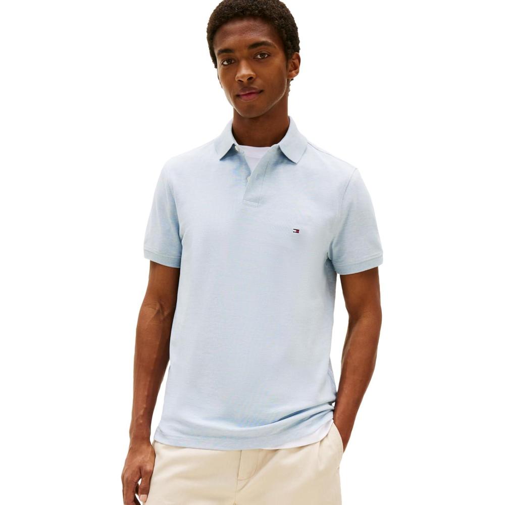 imageTommy Hilfiger Mens Short Sleeve Polo Shirts in Regular Fit with Stretch and Organic Pique CottonHeathered Blue Bros
