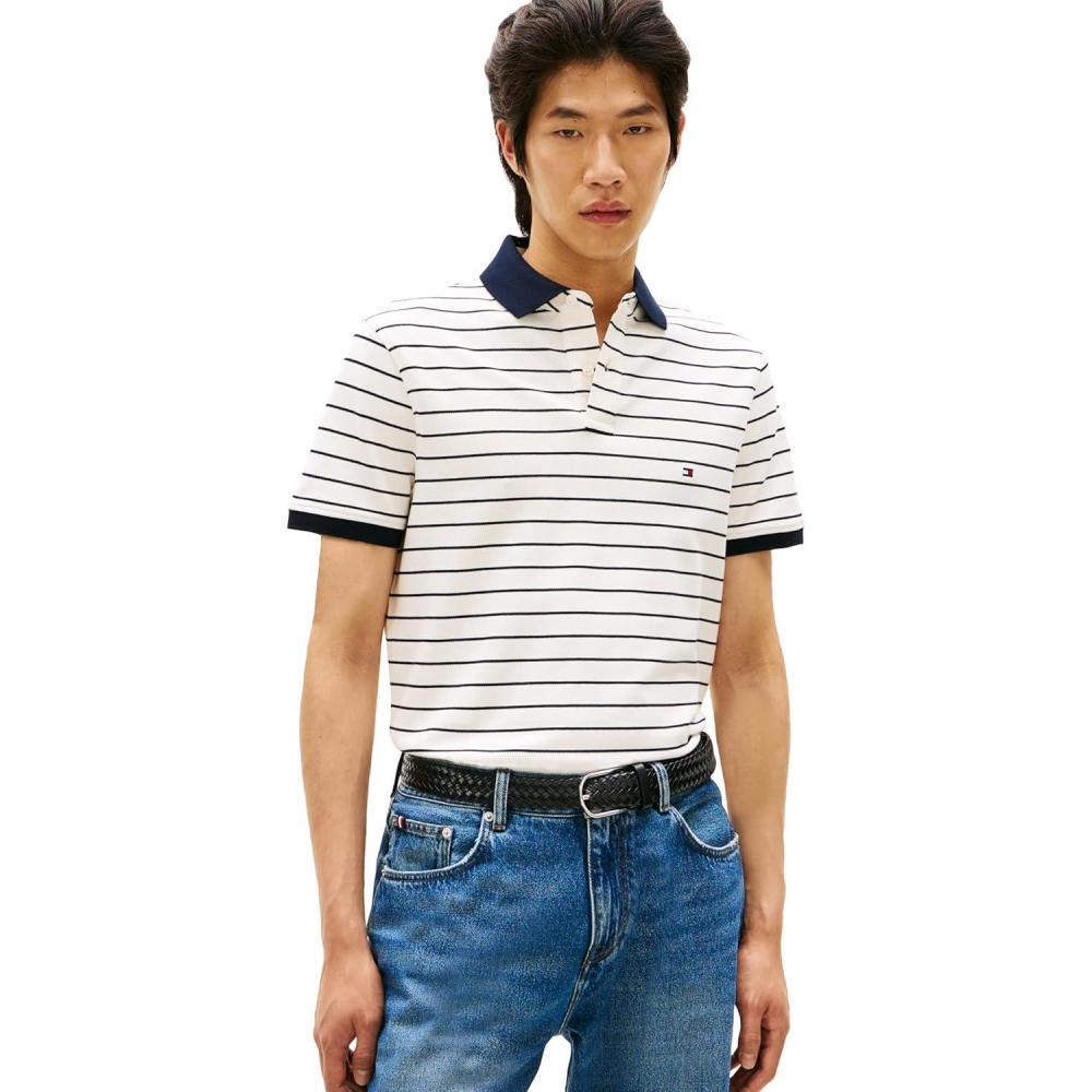 imageTommy Hilfiger Mens Short Sleeve Polo Shirts in Regular Fit with Stretch and Organic Pique CottonIvory Petal Desert Sky