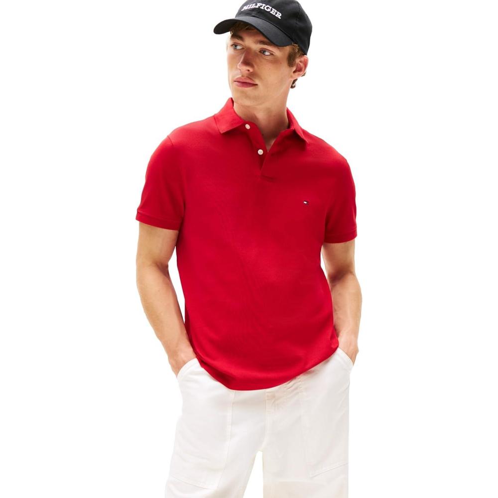 imageTommy Hilfiger Mens Short Sleeve Polo Shirts in Regular Fit with Stretch and Organic Pique CottonMedium Red