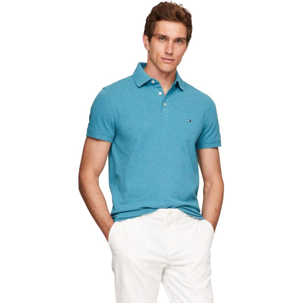 imageTommy Hilfiger Mens Short Sleeve Polo Shirts in Regular Fit with Stretch and Organic Pique CottonMidnight Turquoise Heather