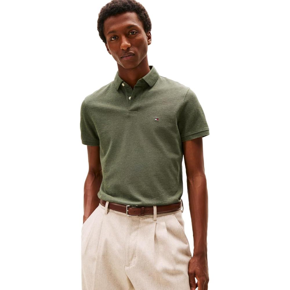 imageTommy Hilfiger Mens Short Sleeve Polo Shirts in Regular Fit with Stretch and Organic Pique CottonUtility Olive Heather