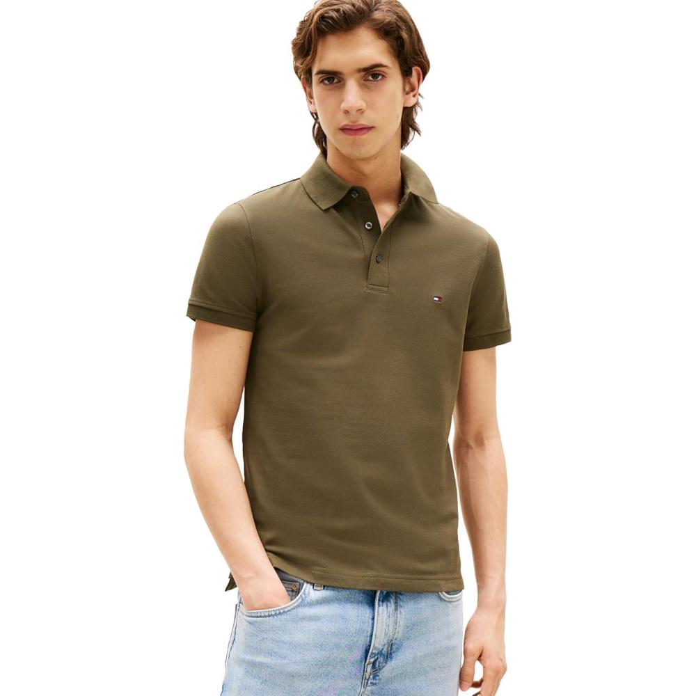 imageTommy Hilfiger Mens Short Sleeve Polo Shirts in Slim Fit with Stretch and Organic Pique CottonArmy Green