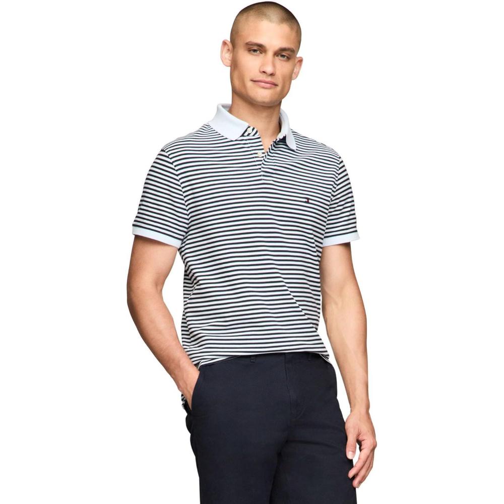 imageTommy Hilfiger Mens Short Sleeve Polo Shirts in Slim Fit with Stretch and Organic Pique CottonBreezy Blue  Desert Sky