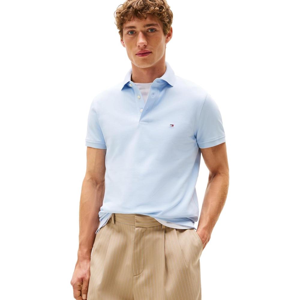 imageTommy Hilfiger Mens Short Sleeve Polo Shirts in Slim Fit with Stretch and Organic Pique CottonBreezy Blue