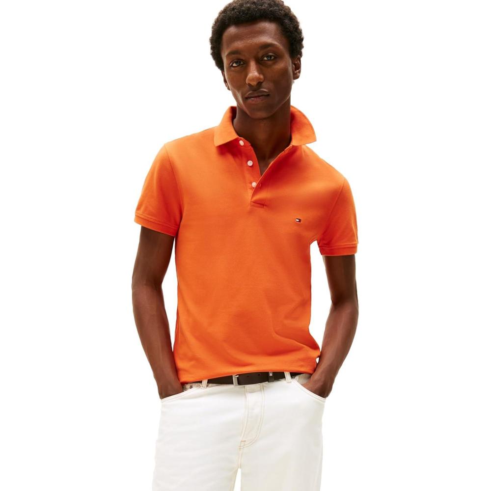 imageTommy Hilfiger Mens Short Sleeve Polo Shirts in Slim Fit with Stretch and Organic Pique CottonBrilliant Orange