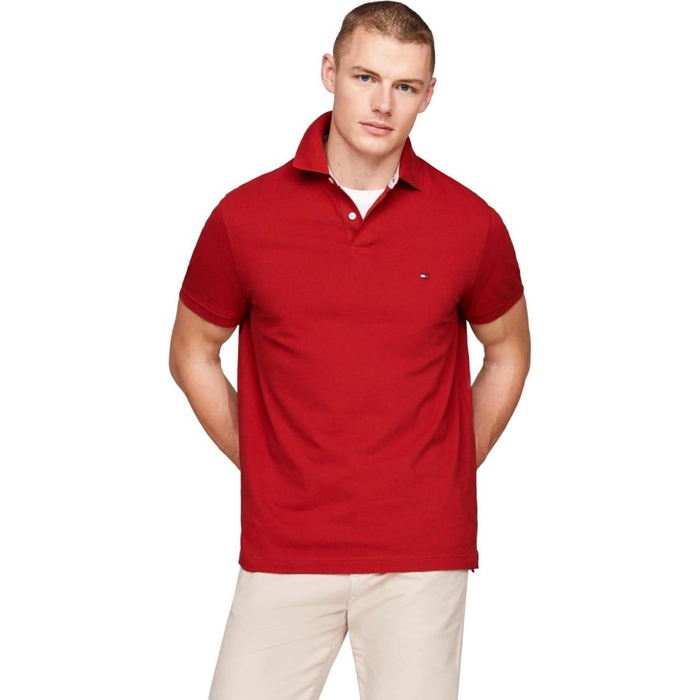 imageTommy Hilfiger Mens Short Sleeve Polo Shirts in Slim Fit with Stretch and Organic Pique CottonDark Magma