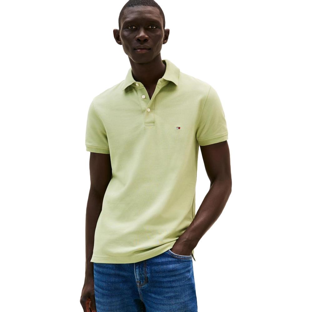 imageTommy Hilfiger Mens Short Sleeve Polo Shirts in Slim Fit with Stretch and Organic Pique CottonEarth Sage