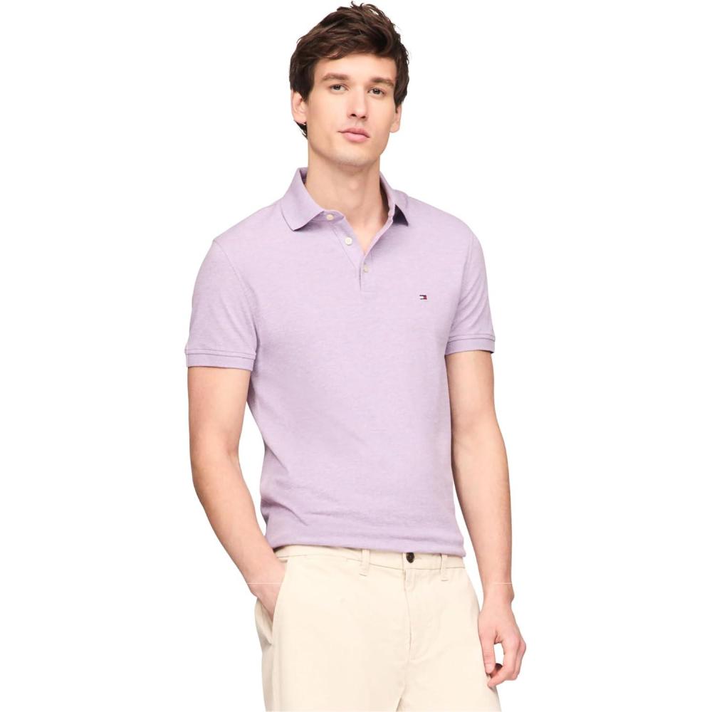 imageTommy Hilfiger Mens Short Sleeve Polo Shirts in Slim Fit with Stretch and Organic Pique CottonLavender Heather