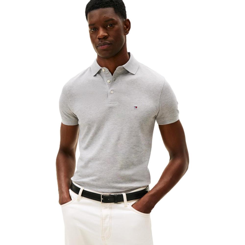 imageTommy Hilfiger Mens Short Sleeve Polo Shirts in Slim Fit with Stretch and Organic Pique CottonLight Grey Heather