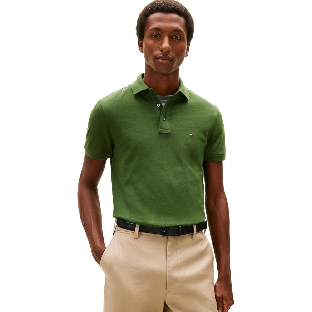 imageTommy Hilfiger Mens Short Sleeve Polo Shirts in Slim Fit with Stretch and Organic Pique CottonMountain Pine