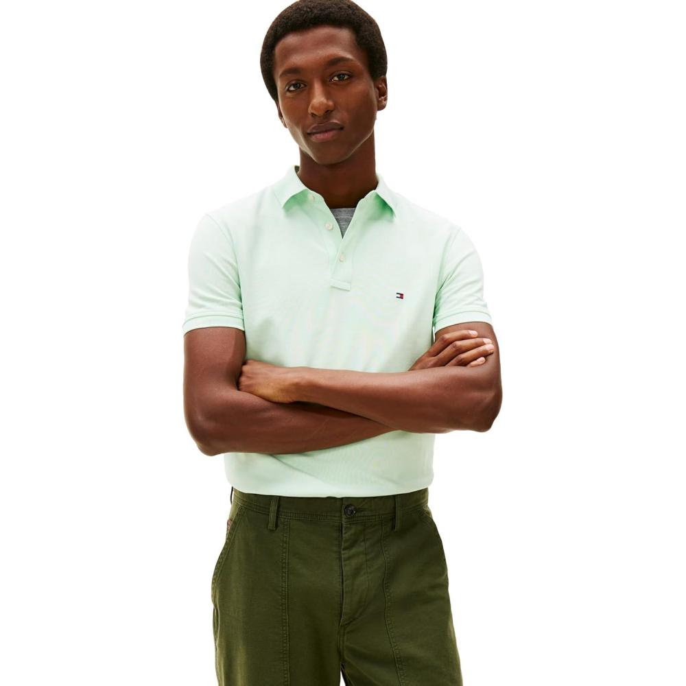 imageTommy Hilfiger Mens Short Sleeve Polo Shirts in Slim Fit with Stretch and Organic Pique CottonOpal Green